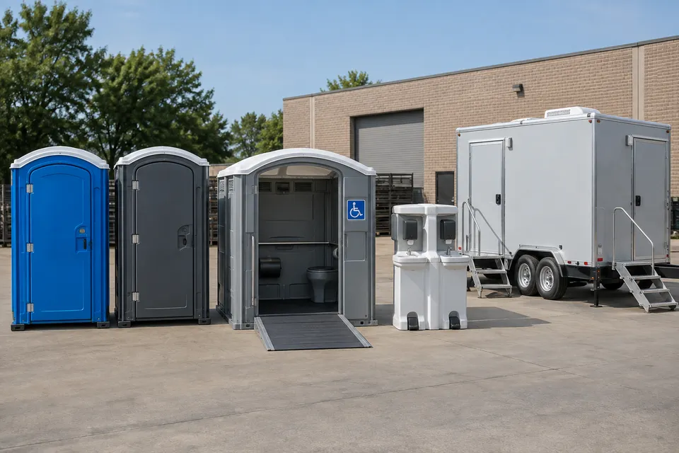Standard, deluxe and accessible portable toilets, handwashing station and restroom trailer